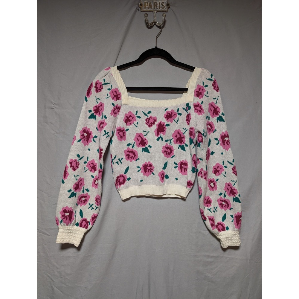Willow & Wind Cream Floral Cropped Scalloped Sweater Cottagecoreβ Women's Small